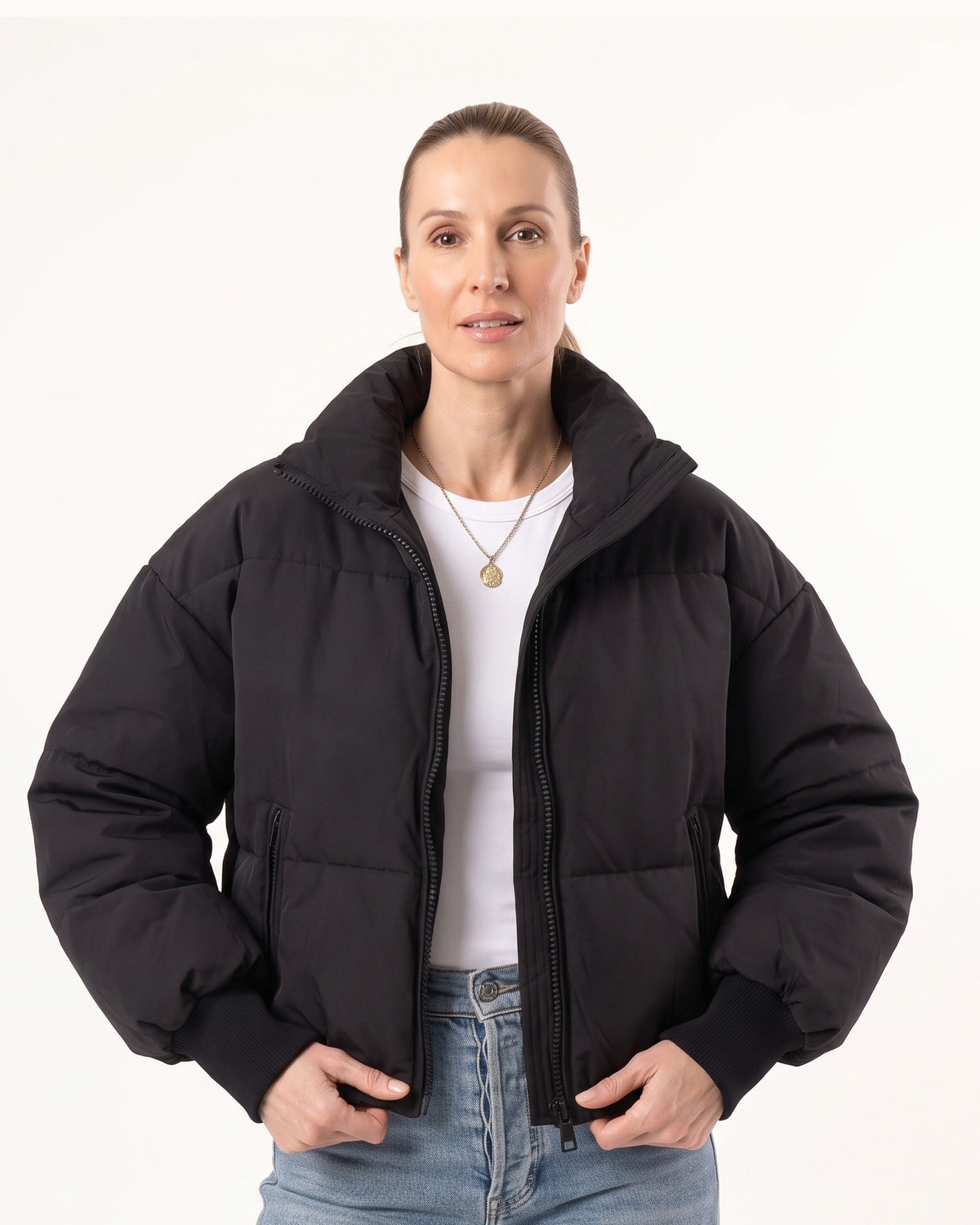 Cropped black puffer jacket for women, oversized stand collar, zip front, ribbed cuffs