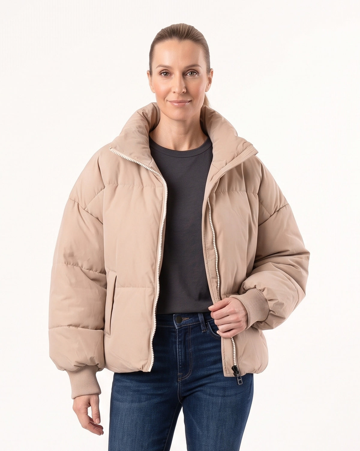 Cropped khaki puffer jacket for women, oversized stand collar, zip front, ribbed cuffs