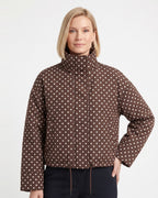 Brown polka dot cropped puffer jacket with stand collar and zip front