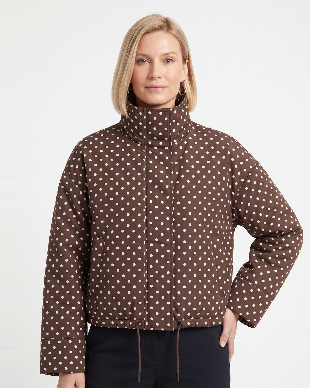 Brown polka dot cropped puffer jacket with stand collar and zip front