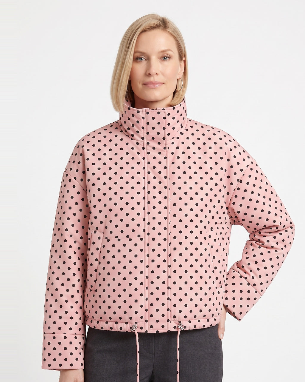 Pink polka dot cropped puffer jacket with stand collar and zip front