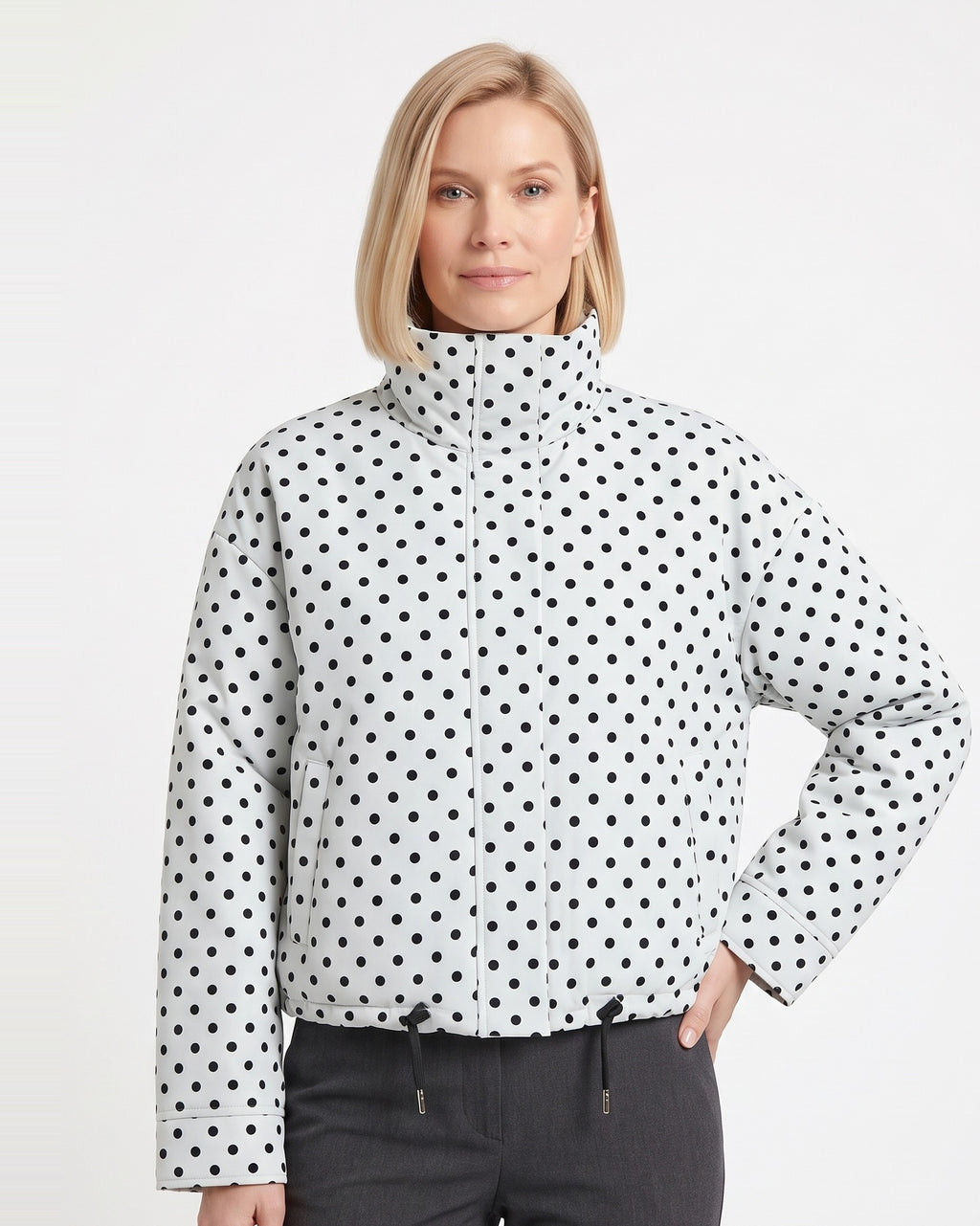 White polka dot cropped puffer jacket with stand collar and zip front