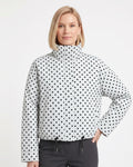 White polka dot cropped puffer jacket with stand collar and zip front