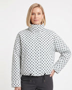 White polka dot cropped puffer jacket with stand collar and zip front