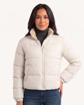 Women's cropped off-white puffer jacket with zip front and sherpa-lined stand collar