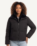Cropped puffer jacket in black with faux fur stand collar and zip front.
