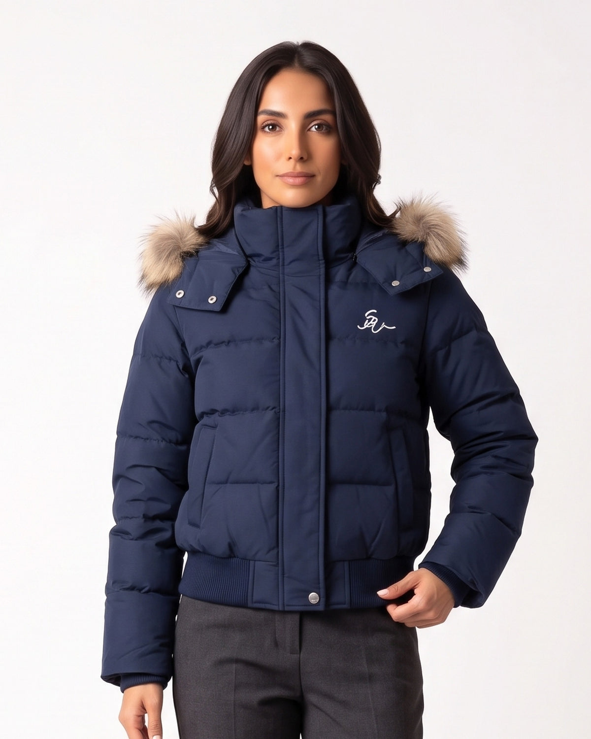 Front view of women's navy cropped puffer jacket with faux-fur hood and zipper