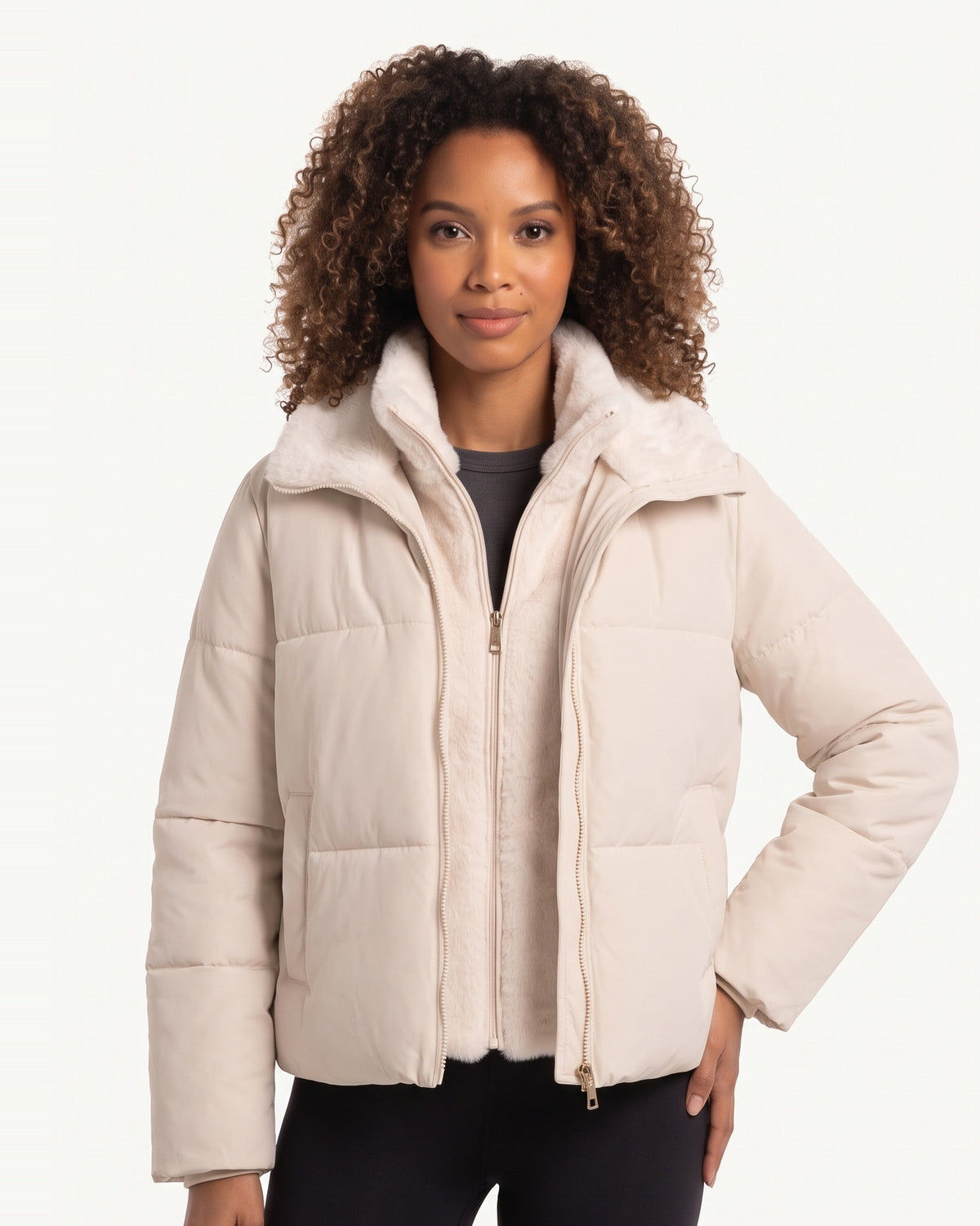 Cropped puffer jacket in cream/white with faux fur stand collar and front zipper.