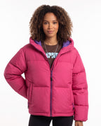 Cropped hooded puffer jacket in magenta with full front zipper and padded hood.