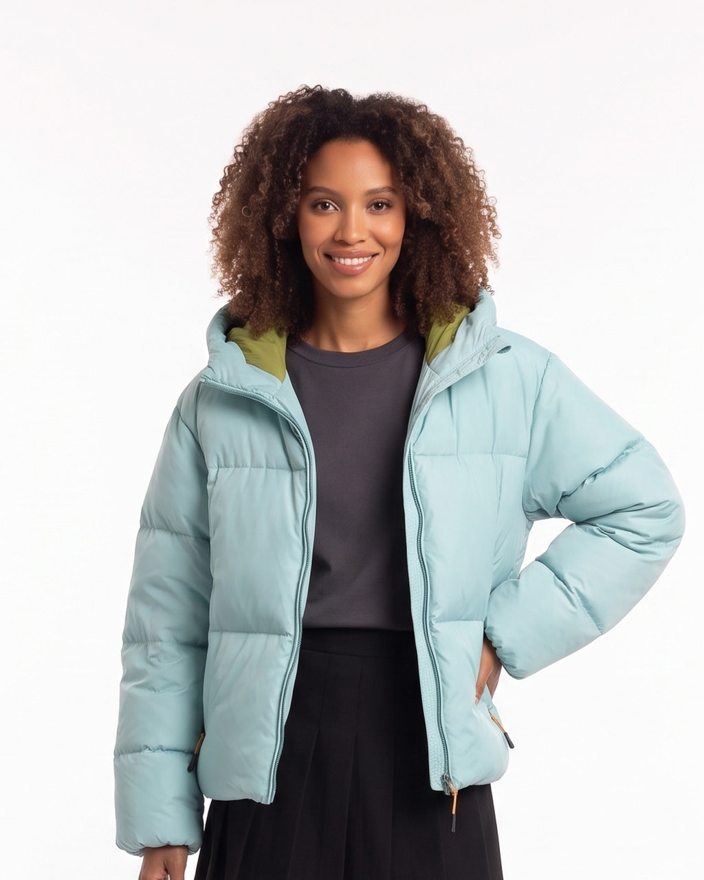 Hooded puffer jacket in light blue with full front zipper and side hand pockets.