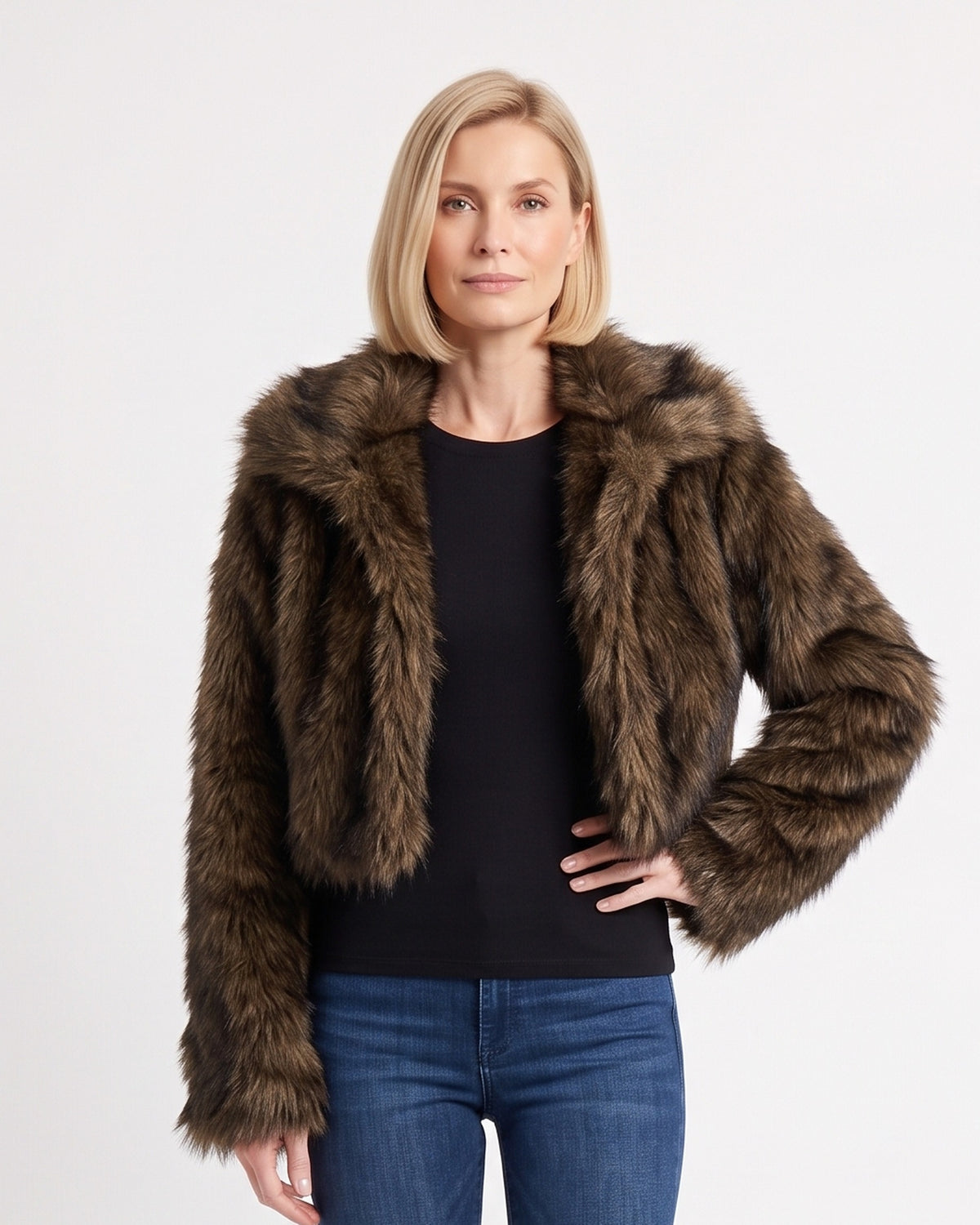 Dark brown shaggy faux fur cropped jacket with large lapel, open front
