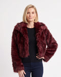 Burgundy shaggy faux fur cropped jacket with large lapel, open front