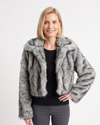 Gray shaggy faux fur cropped jacket with large lapels, tipped two-tone look, open front
