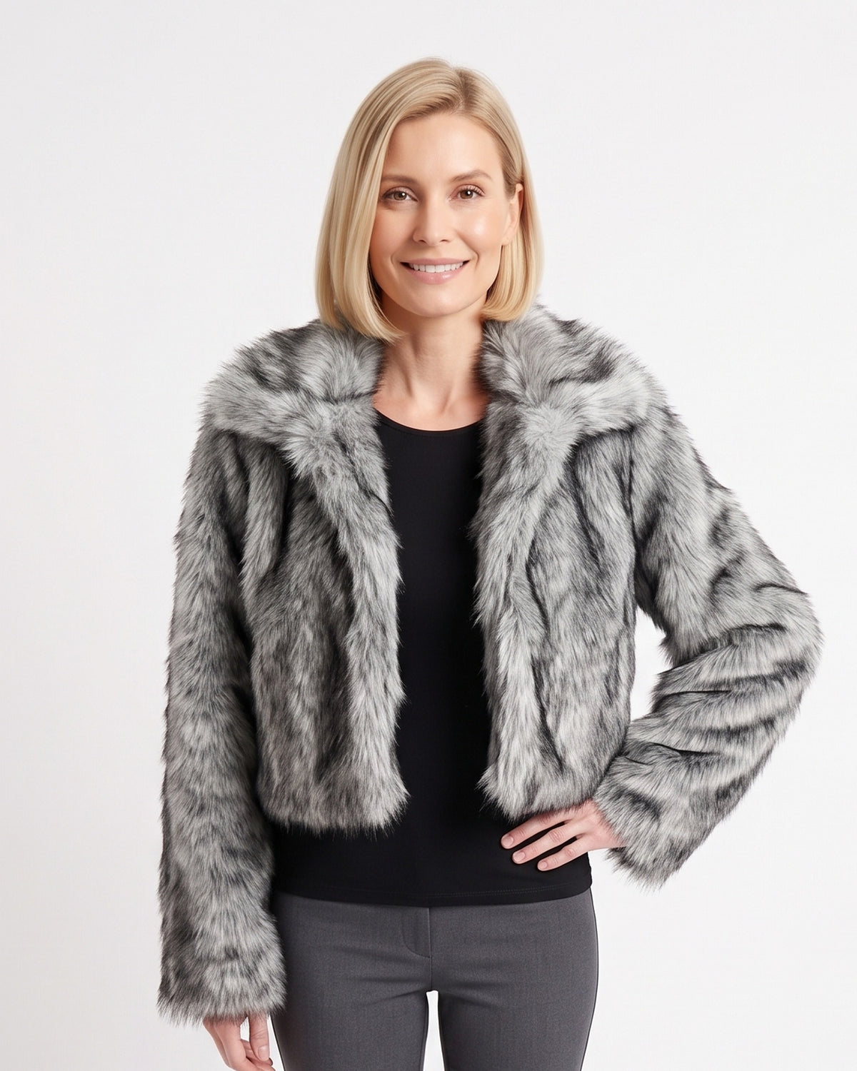 Gray shaggy faux fur cropped jacket with large lapels, tipped two-tone look, open front