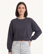 Women’s cropped crewneck sweatshirt, oversized drop-shoulder pullover in dark navy