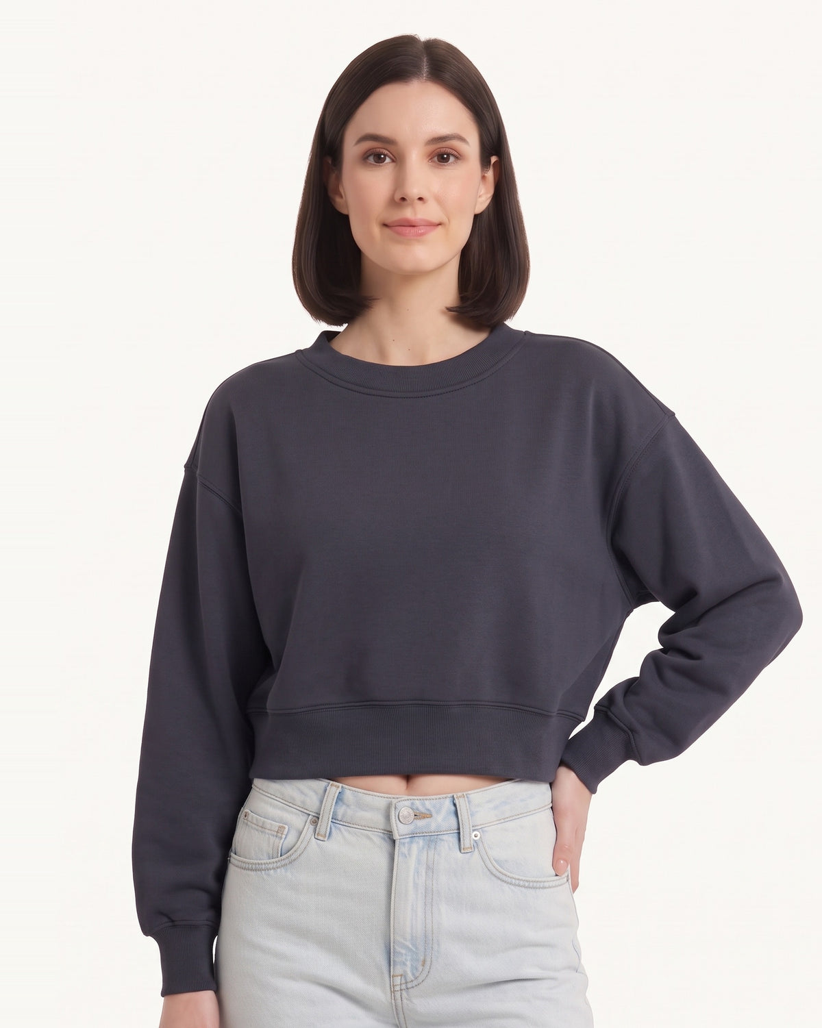 Women’s cropped crewneck sweatshirt, oversized drop-shoulder pullover in dark navy