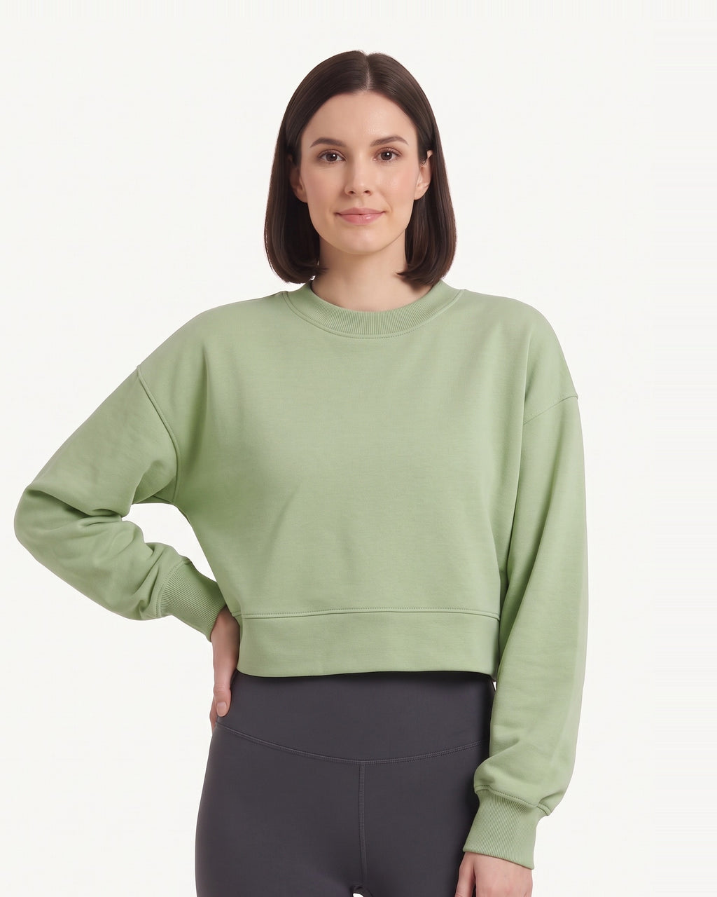 Women’s cropped crewneck sweatshirt, oversized drop-shoulder pullover in sage green