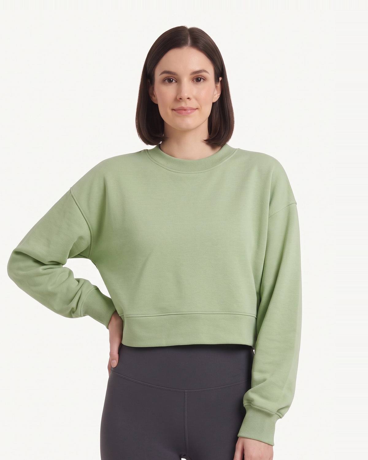 Women’s cropped crewneck sweatshirt, oversized drop-shoulder pullover in sage green