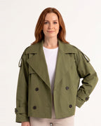 Olive cropped trench coat with double-breasted buttons and belted waist, cuff tabs