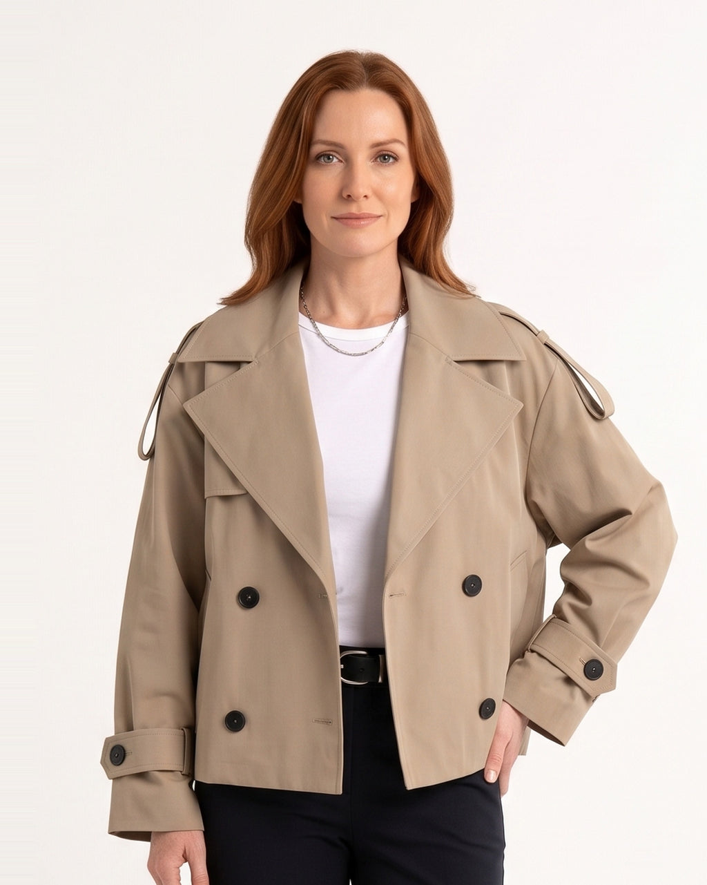 Beige cropped trench coat with double-breasted buttons and belted waist, notch lapels