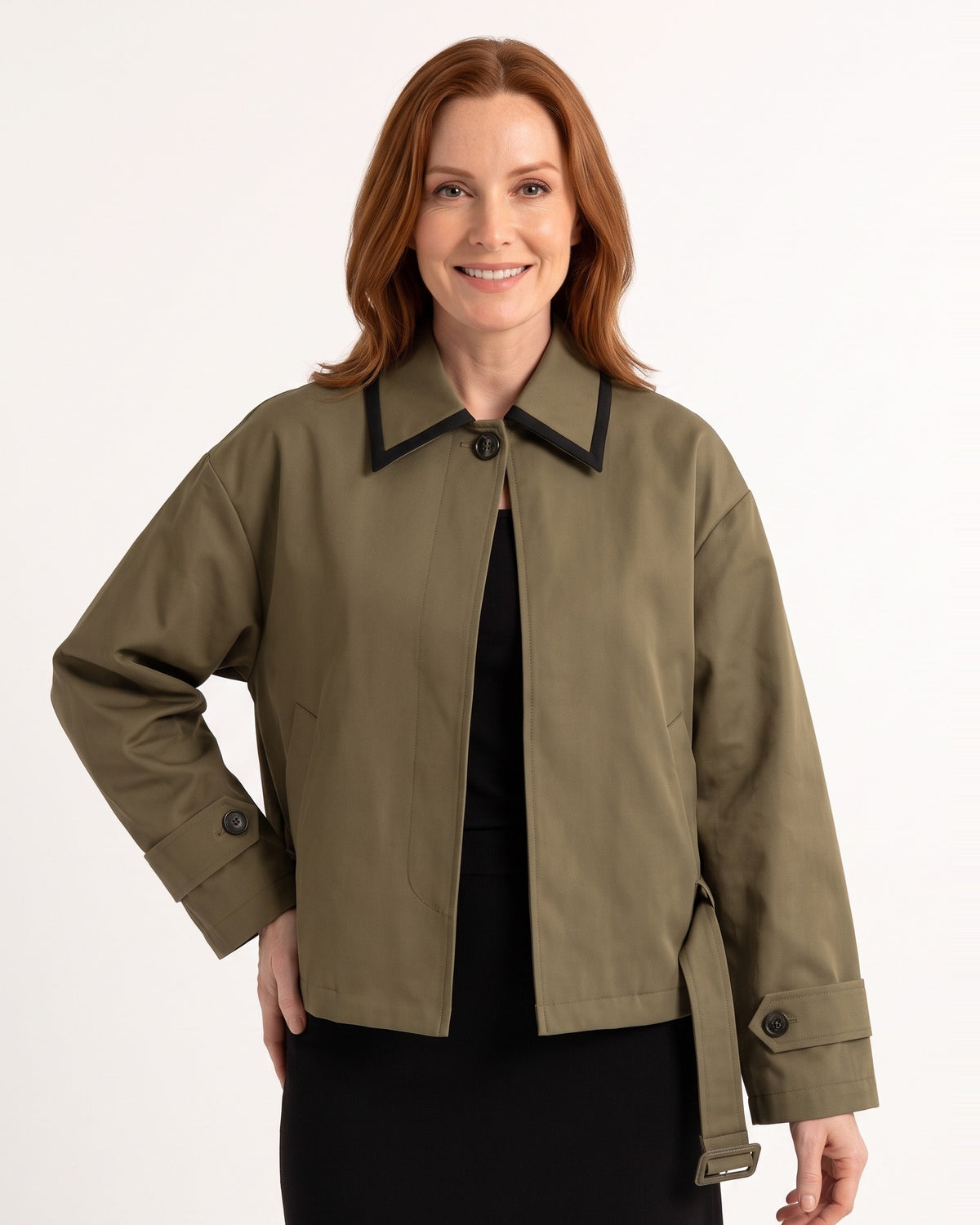 Cropped trench jacket in army green with contrast collar and button-front, long belt