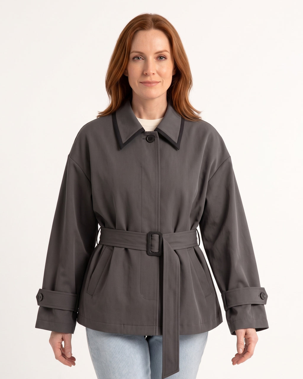 Cropped belted trench jacket in gray with contrast collar and button-front, waist tie