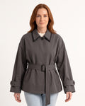 Cropped belted trench jacket in gray with contrast collar and button-front, waist tie