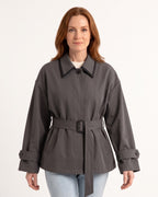 Cropped belted trench jacket in gray with contrast collar and button-front, waist tie