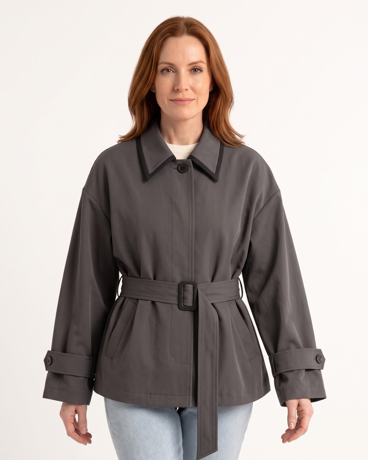 Cropped belted trench jacket in gray with contrast collar and button-front, waist tie