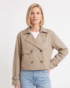 Cropped khaki double-breasted trench jacket with stand collar and buttoned flap pockets