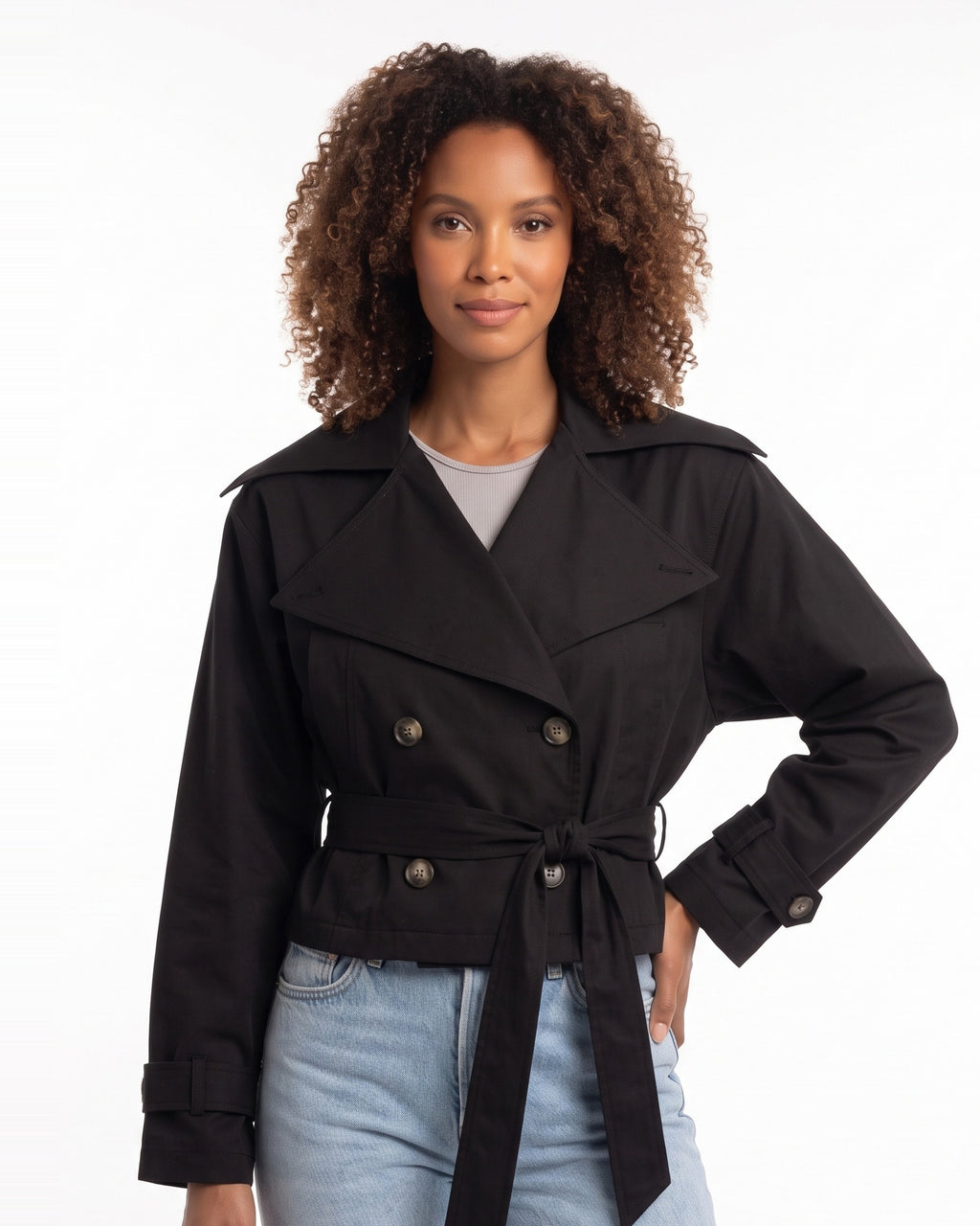 Black cropped trench jacket with wide collar, double-breasted button front, tied belt