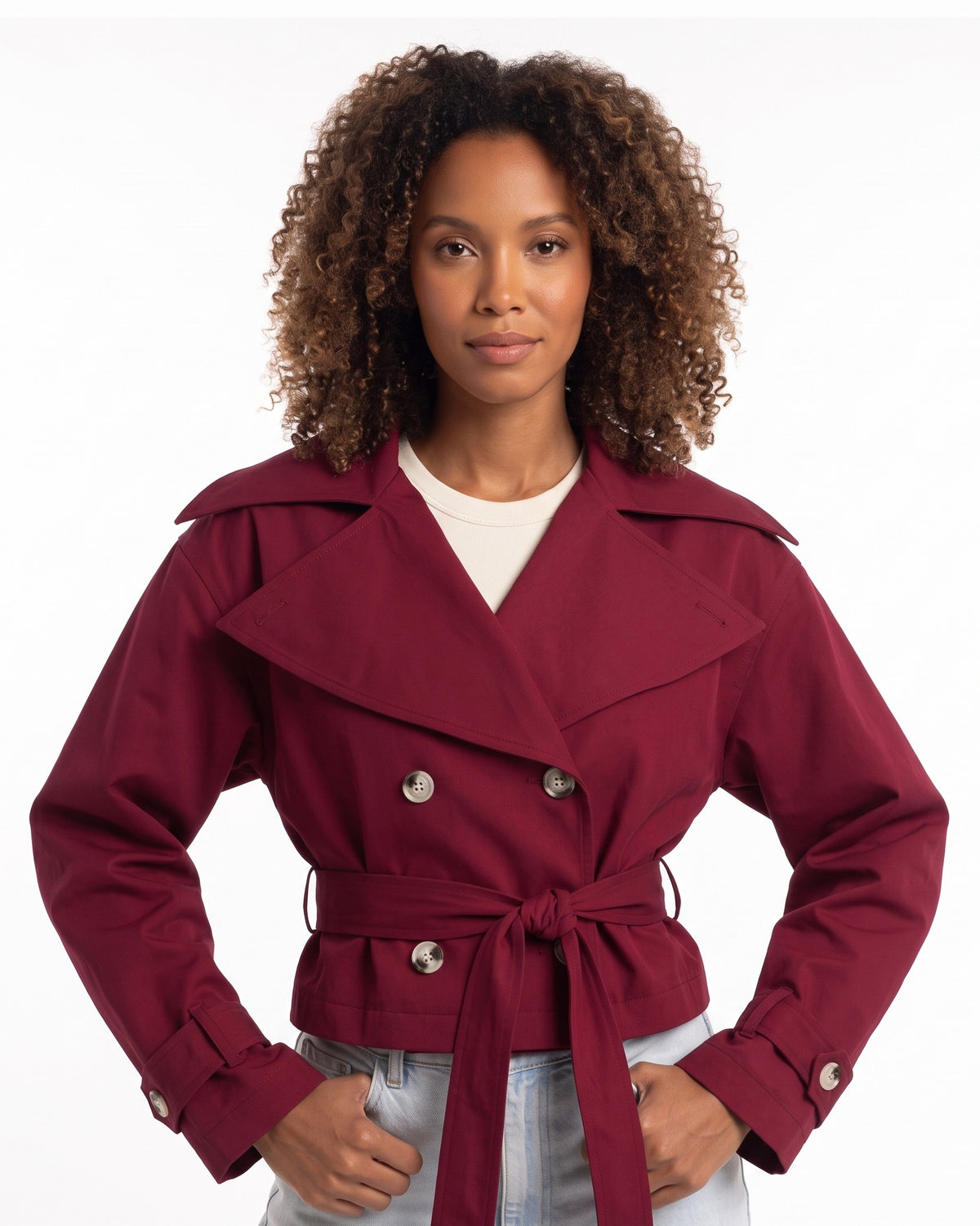 Burgundy cropped trench jacket with wide collar, double-breasted button front, tied belt