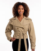 Tan cropped trench jacket with wide collar, double-breasted button front, tied belt