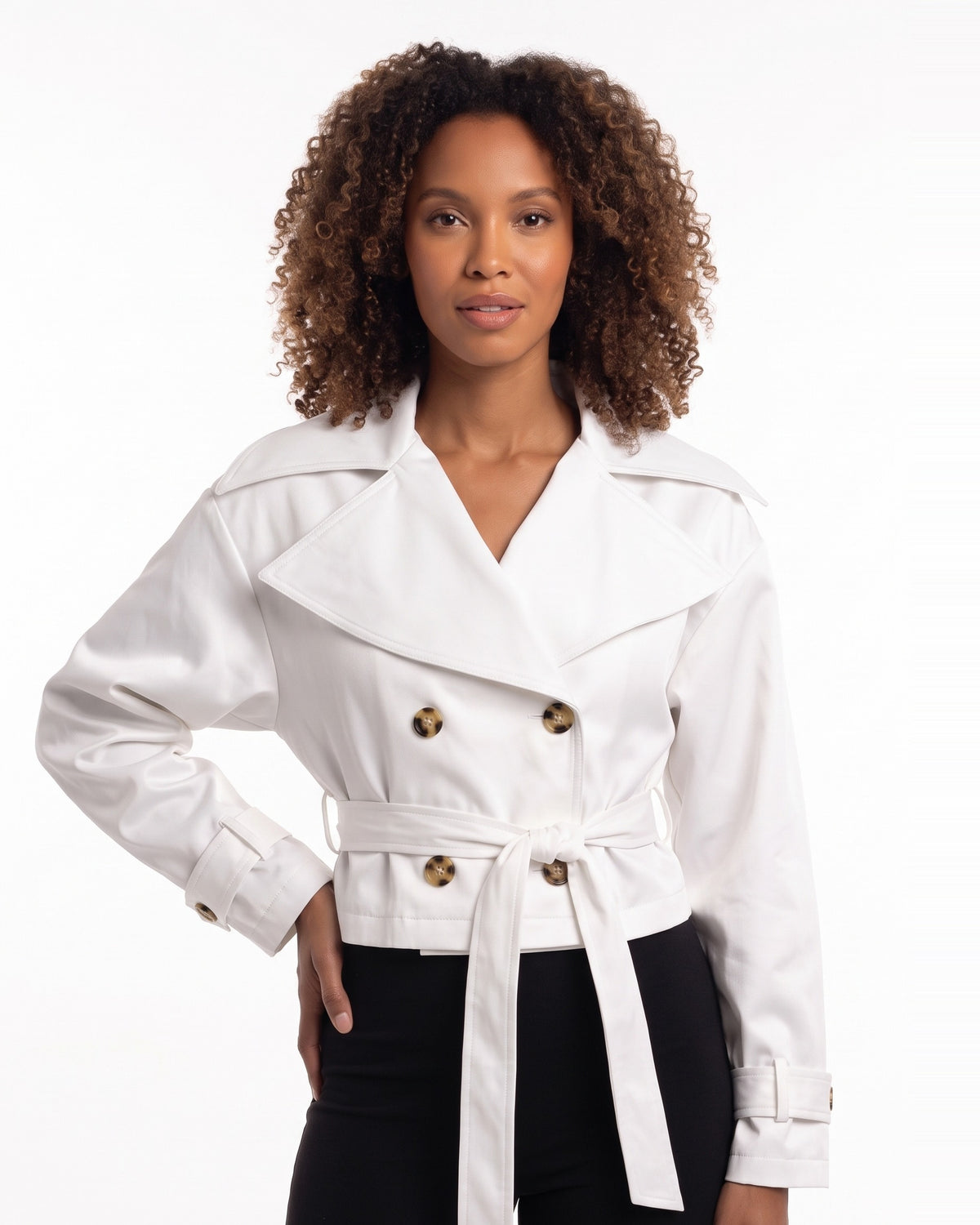 White cropped trench jacket with wide collar, double-breasted button front, tied belt