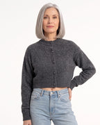 Dark gray cropped wool cardigan with crew neck, button-front, ribbed cuffs and hem