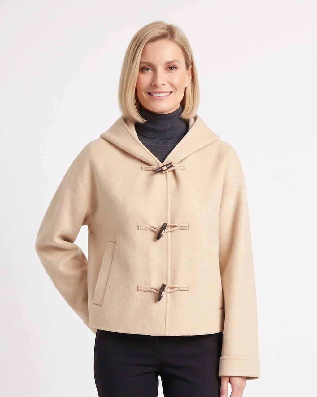 Hooded cropped wool duffle coat with toggle closures, beige, relaxed boxy fit