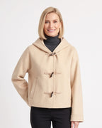 Hooded cropped wool duffle coat with toggle closures, beige, relaxed boxy fit