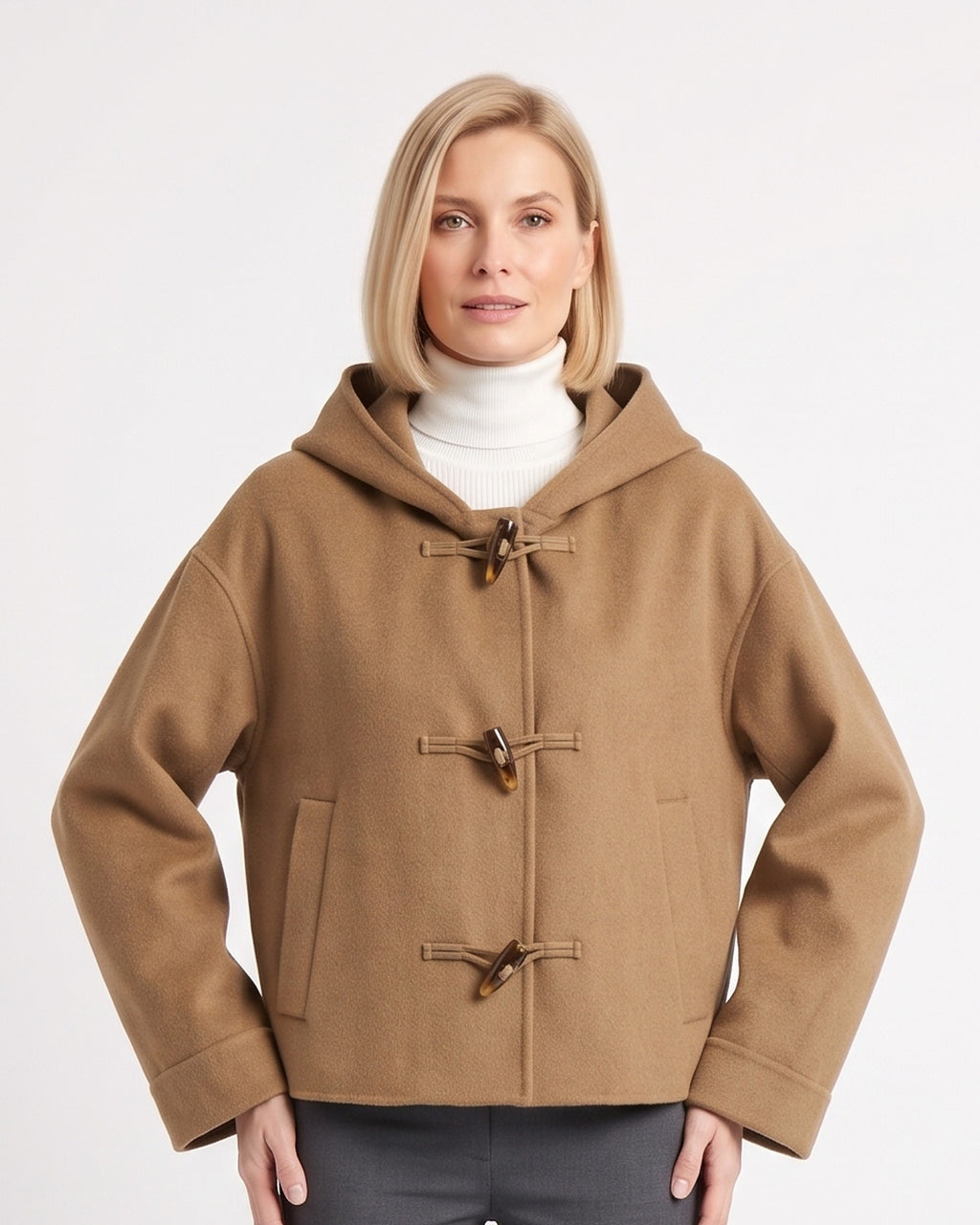 Hooded cropped wool duffle coat with toggle closures, brown, relaxed boxy fit
