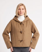Hooded cropped wool duffle coat with toggle closures, brown, relaxed boxy fit