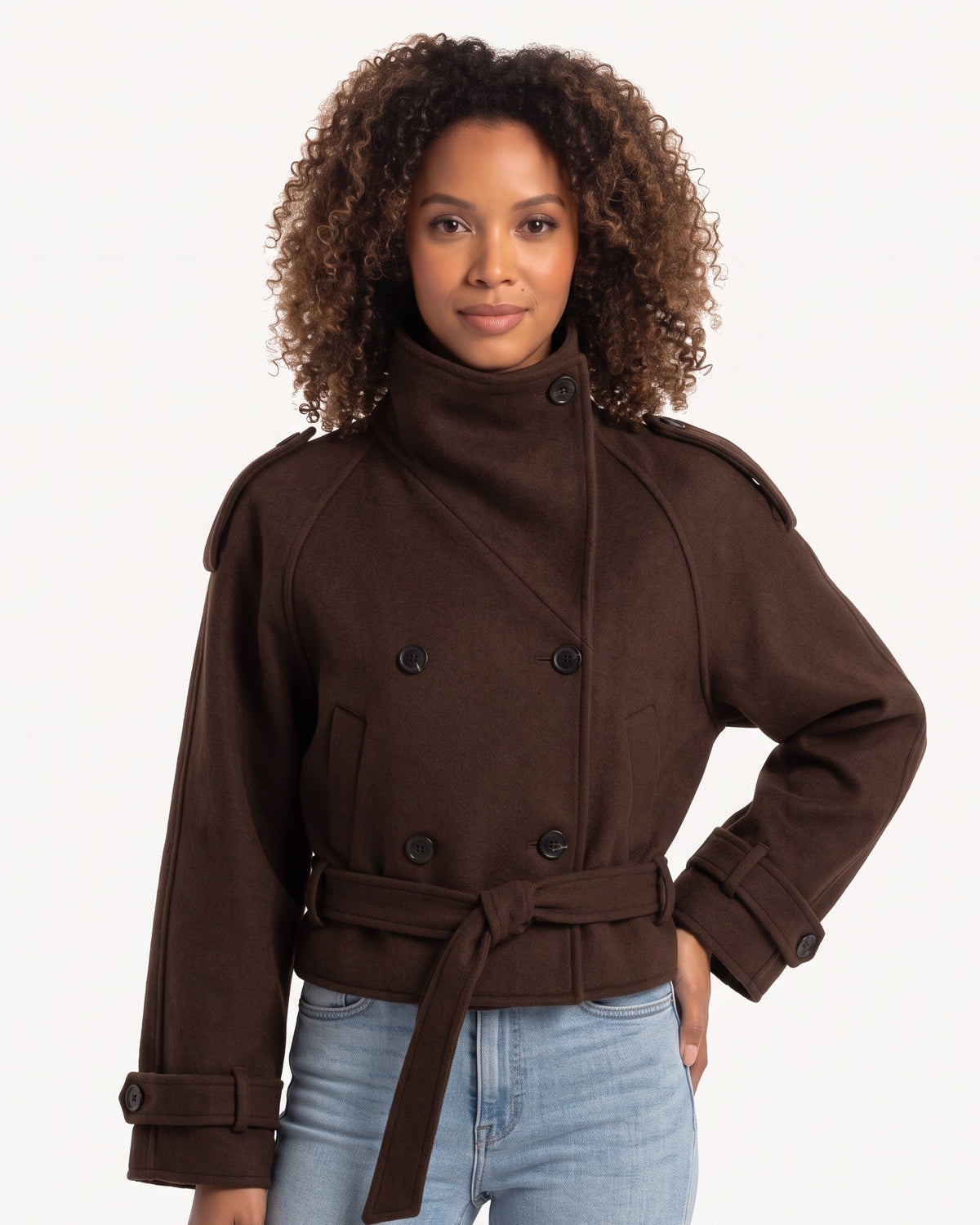 Cropped dark brown wool jacket, funnel neck, double-breasted with belt