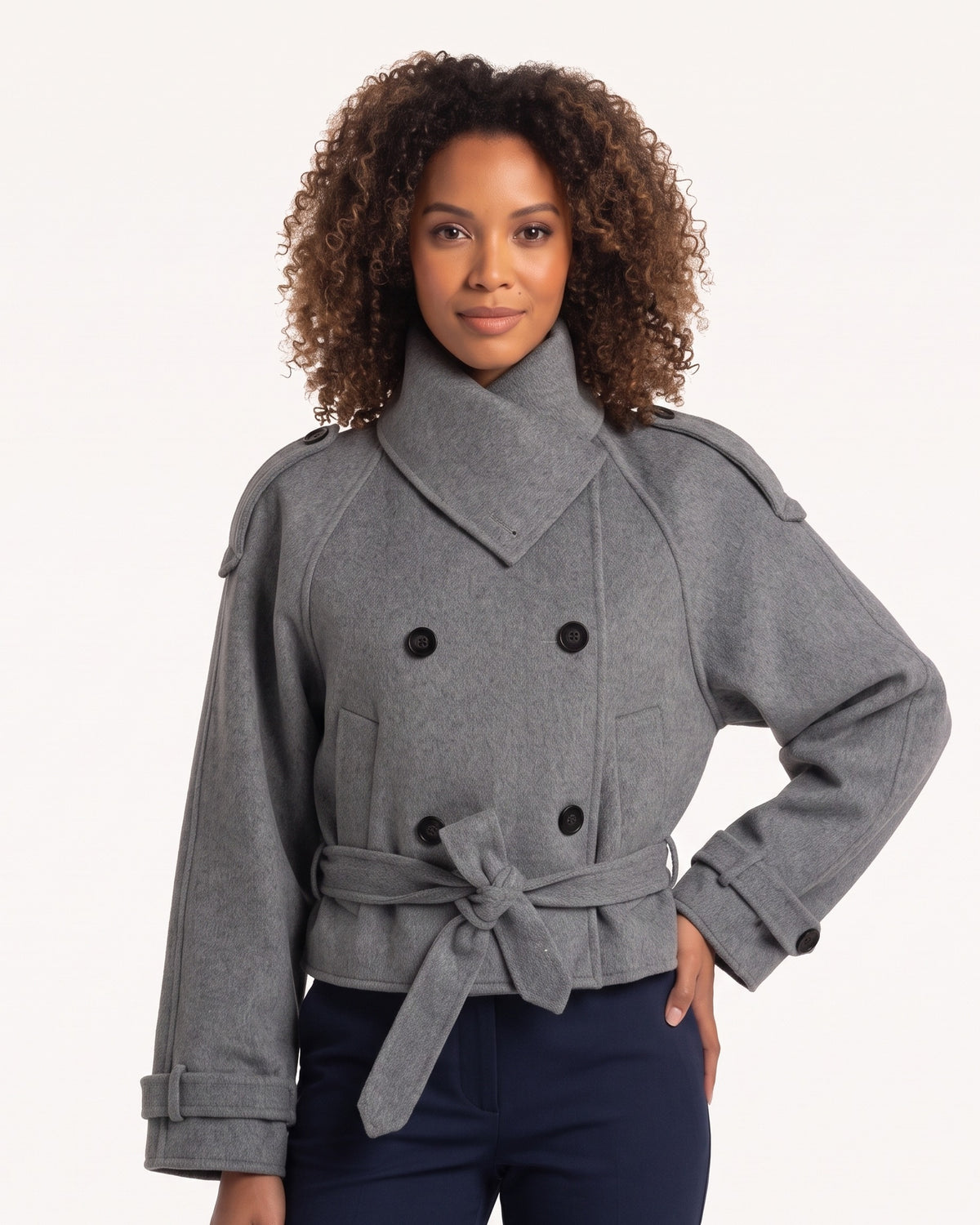 Gray cropped wool double-breasted jacket with funnel neck, epaulettes, and tie belt