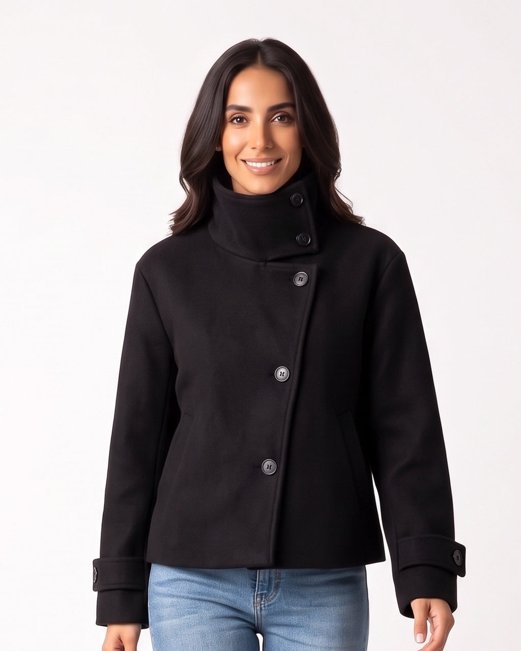 Cropped wool jacket, funnel neck, asymmetric buttons, tab cuffs, black