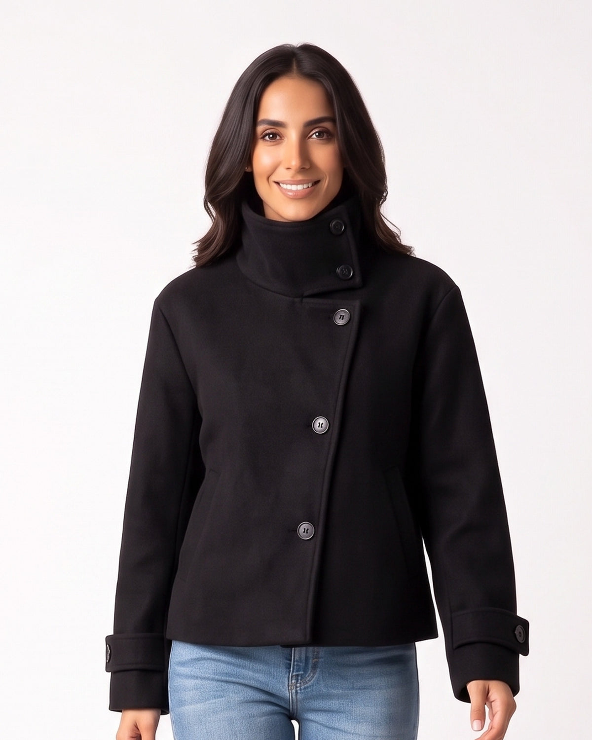 Cropped wool jacket, funnel neck, asymmetric buttons, tab cuffs, black