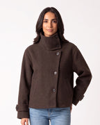 Cropped wool jacket, funnel neck, asymmetric buttons, tab cuffs, brown