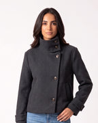 Cropped wool jacket, funnel neck, asymmetric buttons, tab cuffs, dark gray