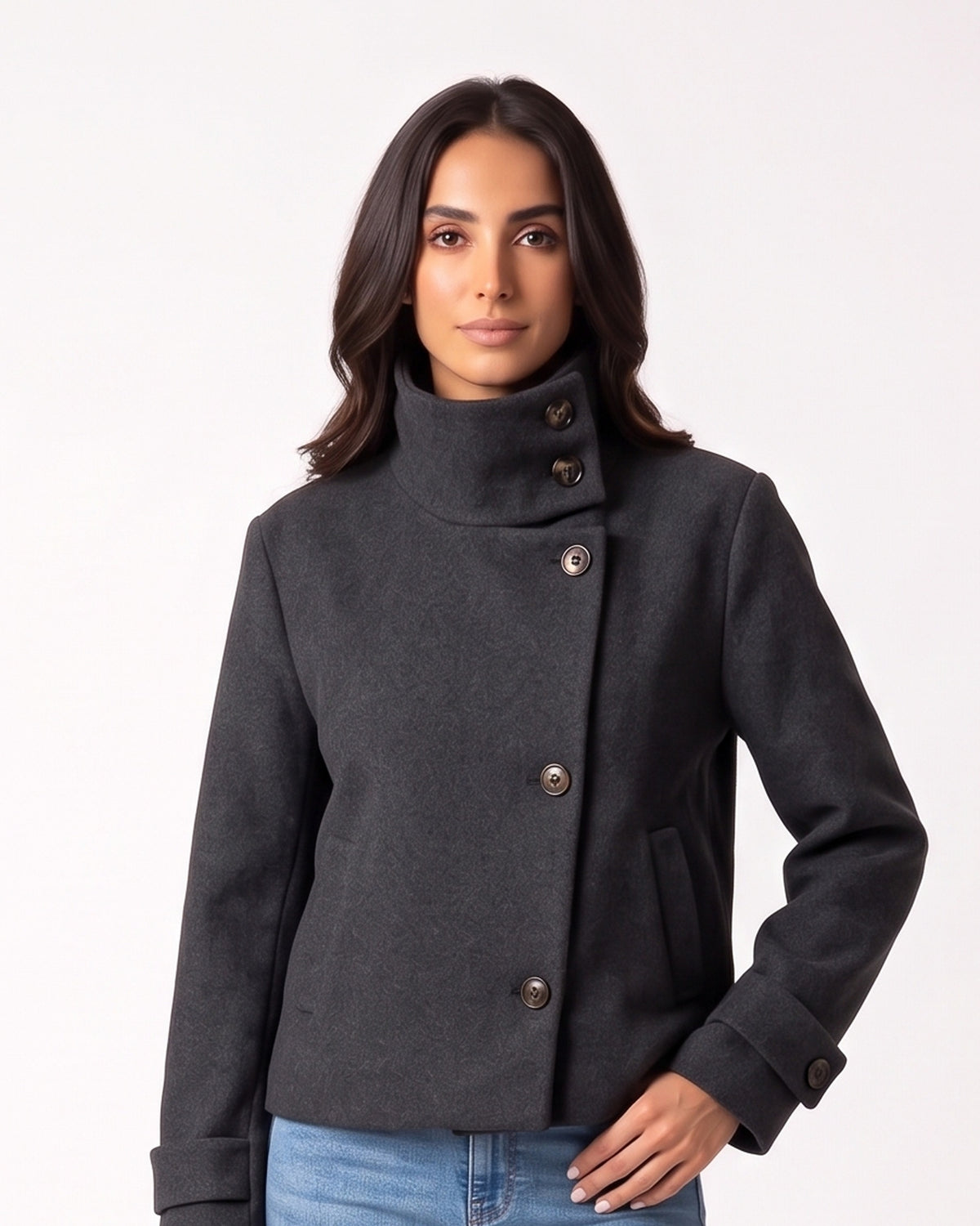 Cropped wool jacket, funnel neck, asymmetric buttons, tab cuffs, dark gray