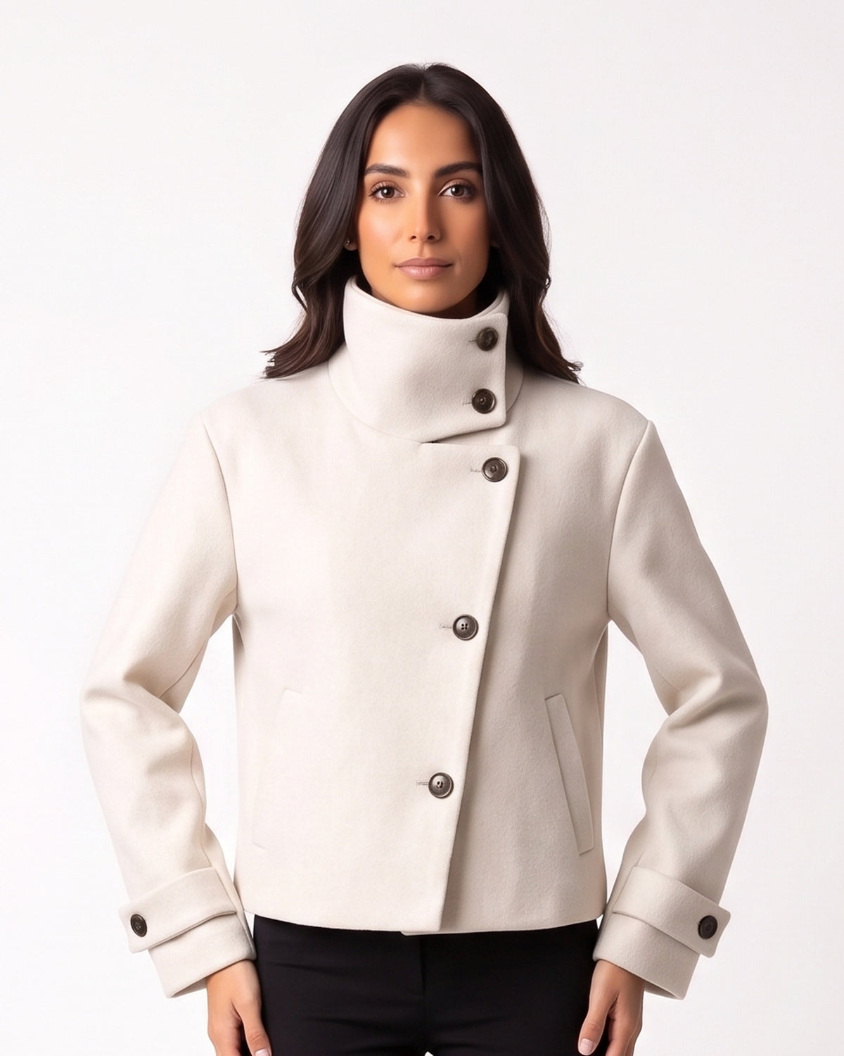 Cropped wool jacket, funnel neck, asymmetric buttons, tab cuffs, off-white