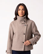 Taupe cropped wool jacket with funnel neck and front buttons with tab cuffs