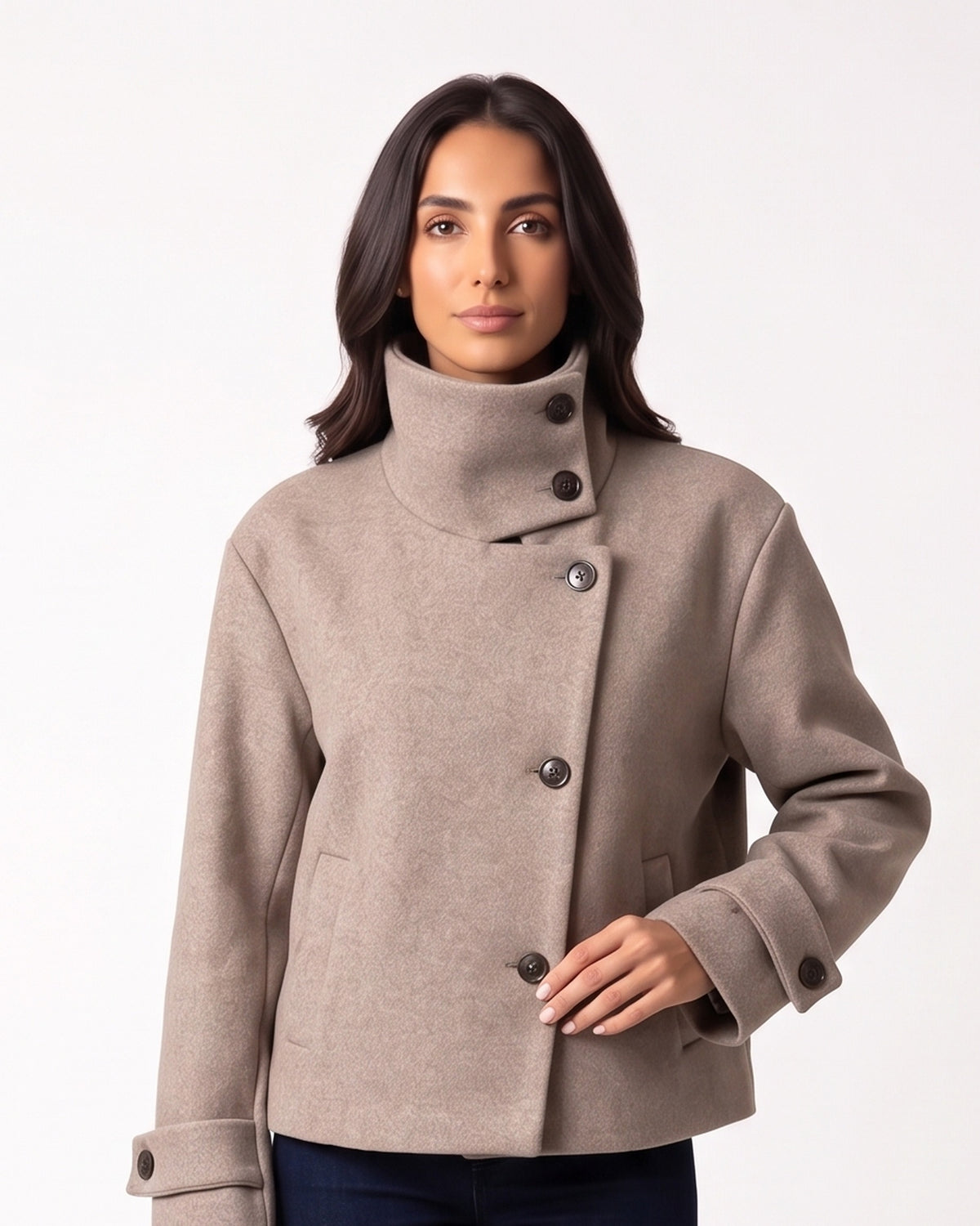 Taupe cropped wool jacket with funnel neck and front buttons with tab cuffs