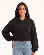 Cropped full-zip hooded sweatshirt in black cotton fleece with ribbed hem